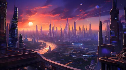 Futuristic city at sunset. Panoramic view. 3D rendering