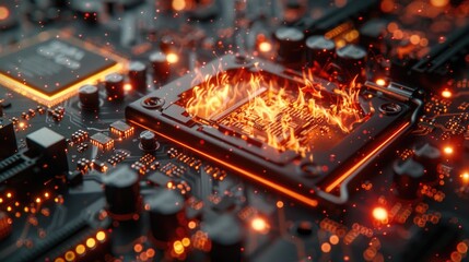 A close up of a computer motherboard with fire on it. Chip on fire with energy and lava effects.