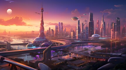 Futuristic city at night. Panoramic view of the city.