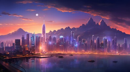 Panoramic view of Hong Kong skyline at night with full moon