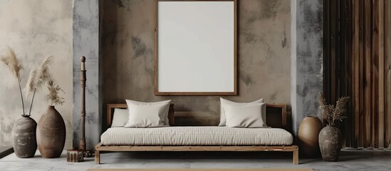 Blank photo frame mockup in interior design. Contemporary rustic-style interior featuring a poster artwork template, wooden sofa, and vases. Empty space photo frame mockup.