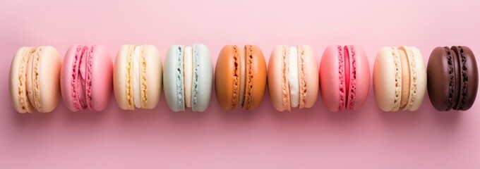 Flat lay colorful macarons artfully arranged in a line on a pastel pink background