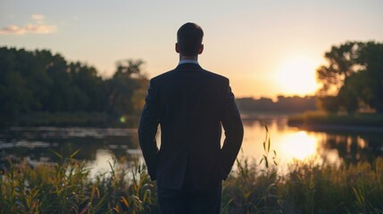 A man in a business suit stands alone hands in pockets gazing out at the peaceful scene before him perhaps finding solace from . .