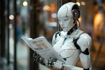 A robot reading a newspaper while wearing headphones.