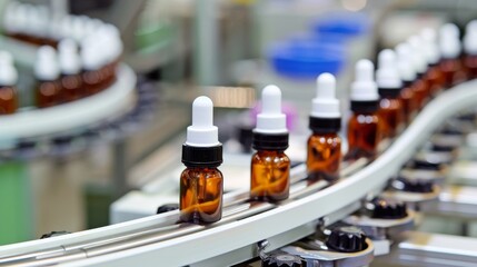 Pharmaceutical manufacturing  glass bottles on automated conveyor line for efficient production