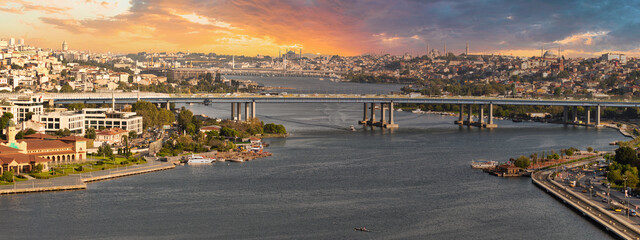 Istanbul city view from Pierre Loti Teleferik station overlooking Golden Horn, Eyup District,...