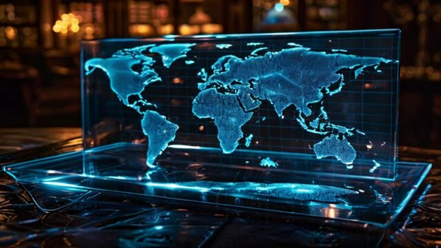 3D earth map blue digital hologram display Generative AI 