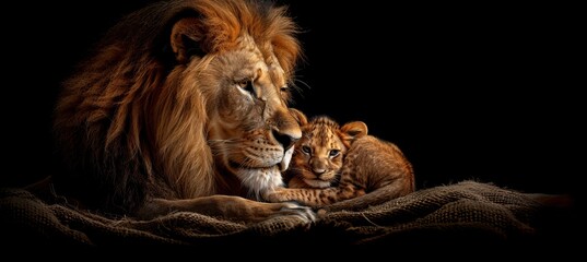 Male lion and lion cub portrait with empty space on left for text, object on right side