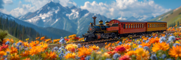 A Toy Train on Tracks Amidst Wildflowers ,
A Festive Toy Train Chugging - obrazy, fototapety, plakaty