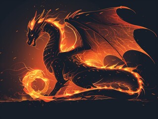 A black and orange dragon with flames on its back. A magical creature made of fire.