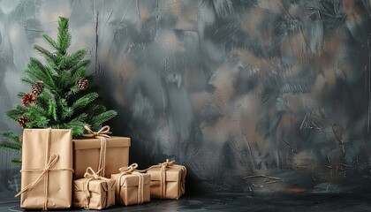 Festive christmas tree with presents against dark wall, bokeh lights, copy space