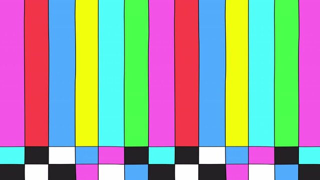 Cartoon animation of no signal color bars tv screen background. Data error, damage, stand by. Retro vintage hand drawn outline comic style.