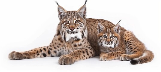 Bobcat and adorable kitten portrait with ample space on the left for adding text