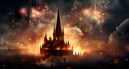 an abstract illustration of fireworks exploding in the air with large spires - obrazy, fototapety, plakaty