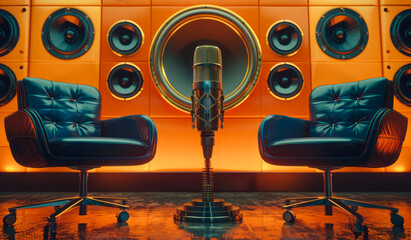 Two chairs with dark blue leather and a vintage microphone in the middle, against a gradient orange...
