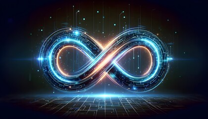 The image displays a neon-infused infinity symbol that glows with a vibrant blue and orange light, set against a digital circuit board backdrop with floating particles.

