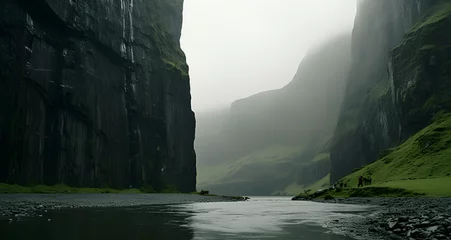 Foto auf Acrylglas a man on his boat looking up at a narrow mountainous canyon © Michael