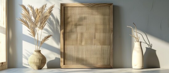 Mockup featuring a wooden frame and cane material.