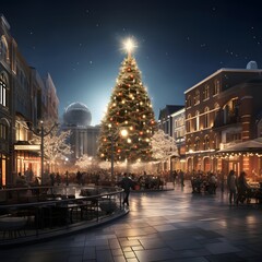 Digital composite of Christmas tree and people walking in the street at night
