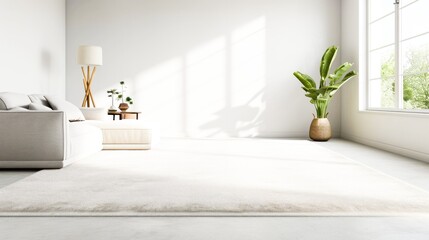 Obraz na płótnie Canvas A white room with a sofa, a carpet and a plant in it