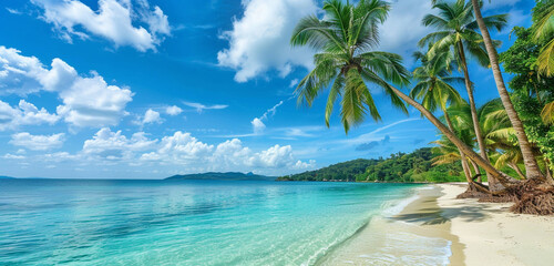 A vibrant tropical paradise with palm trees, white sandy beaches, and turquoise waters.