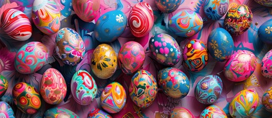 Hand-painted Easter eggs in various colors are displayed as part of a handmade craft project, serving as festive traditional symbols against a spring-themed background. - obrazy, fototapety, plakaty
