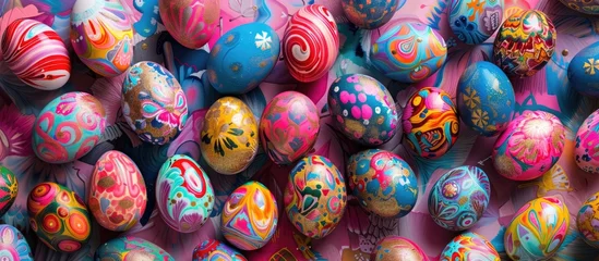 Foto op Canvas Hand-painted Easter eggs in various colors are displayed as part of a handmade craft project, serving as festive traditional symbols against a spring-themed background. © Vusal