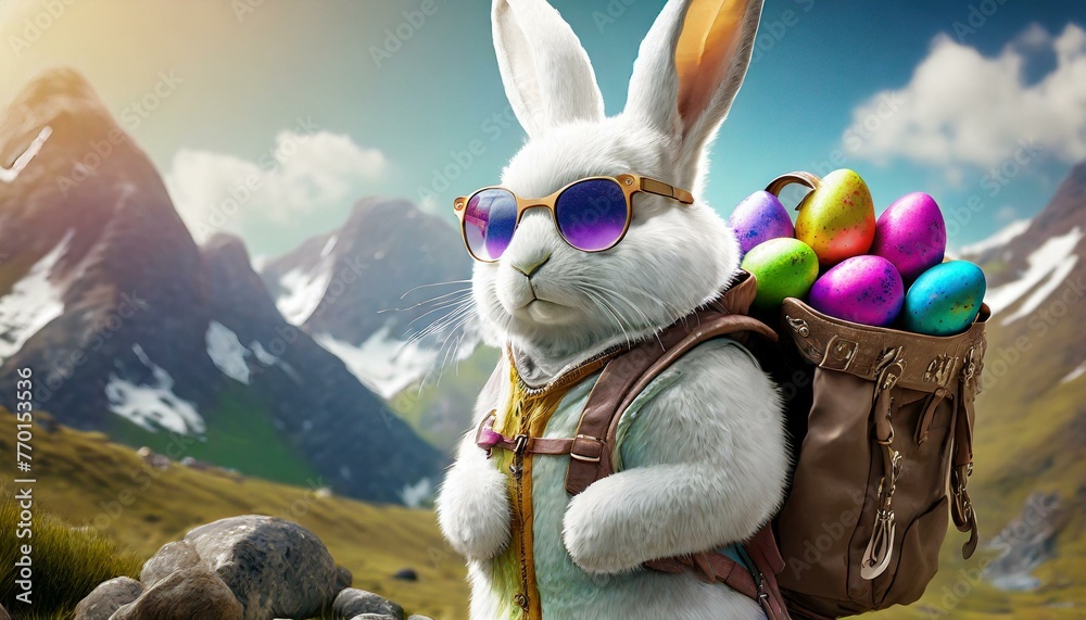 Wall mural Illustration of an Easter bunny with sunglasses, wearing a jacket and backpack with colorful Easter eggs.
