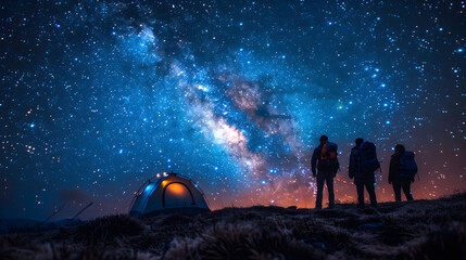 A group of friends camping under a starry night sky, vacation, bokeh
