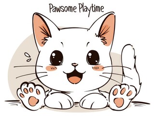 A cartoon white cat with paws on the ground.