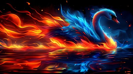 A swan is floating in the water with fire around it. A magical creature made of fire on black background.