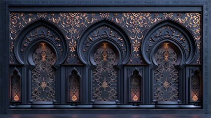 Intricately carved gothic arches featuring a row of lamps providing a warm glow, showcasing medieval architectural craftsmanship.