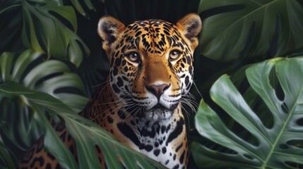 Jaguar in dark tropical jungle, blending into lush greenery, gazing out among vibrant leaves.