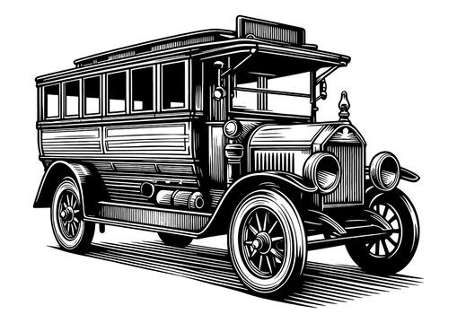 Classic Vintage Bus Engraving sketch PNG illustration with transparent background