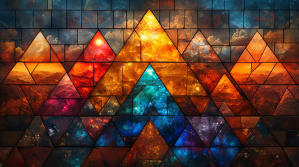 An abstract geometric mosaic of colorful triangles forming a mountainous pattern, with a luminous quality.