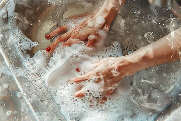 Fototapeta premium Detailed illustration of womans hands scrubbing dishes in soapy water at well-lit kitchen sink