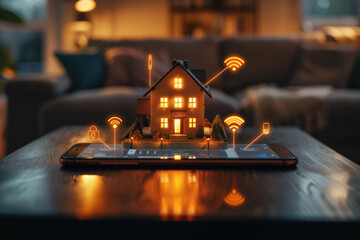 Miniature Smart Home Model on Phone Illustrating Internet of Things Connectivity - obrazy, fototapety, plakaty