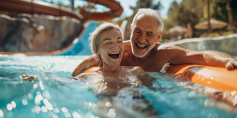 Elderly Couple Enjoying A Fun, Sunny Day Together At A Water Park
