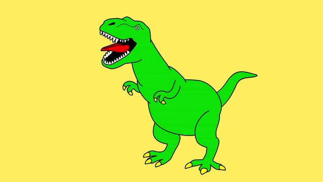 Сartoon dinosaur character turns in different directions, opens his mouth and shouts. Comic T rex animation in outline hand drawn sticker style on a transparent background.