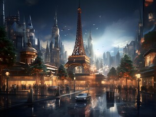 Eiffel Tower in Paris at night, panoramic view - obrazy, fototapety, plakaty