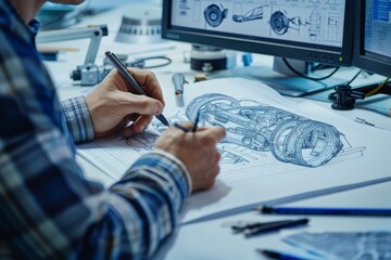 Professional design engineer working on detailed drawing of car part in the automotive industry - obrazy, fototapety, plakaty