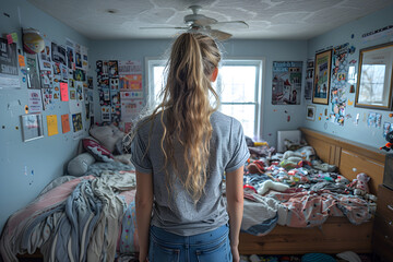 Young woman figuring out how to tidy up her bedroom.