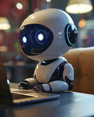 Tuinposter cute robot working on laptop © Spyrydon