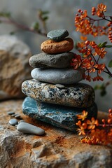 Stones stacked in pyramid Balance Stability Zen Meditation Body mind and soul harmony concept
