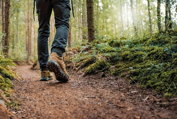 Close-up of an adult hiker's feet in durable boots, trekking along a serene forest path surrounded by vibrant greenery; symbolizing adventure and outdoor fitness. - 770156174
