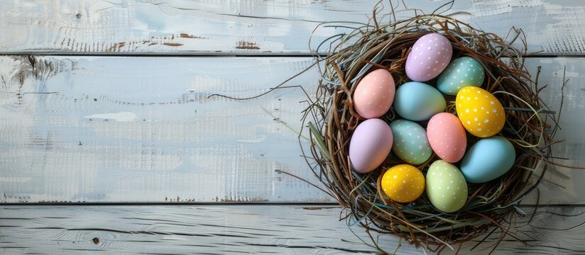 Colorful Easter egg nest overflowing on a white or gray wooden board background, providing ample space for text. Presented in a flat lay with a square crop.
