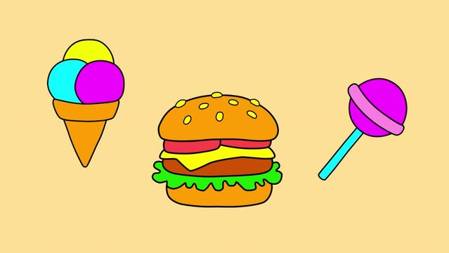 3 food sticker animations in outline cartoon comic style. Burger, ice cream and lollipop on a transparent background.