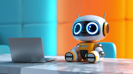cute robot working on laptop