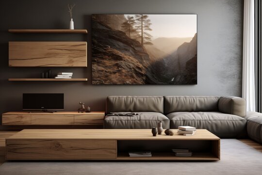 Modern and cozy living room in gray tones, with sofa, wooden table and shelves, and with a large decorative painting on the wall that depicts a mountain landscape with a focus on a lone tree growing o