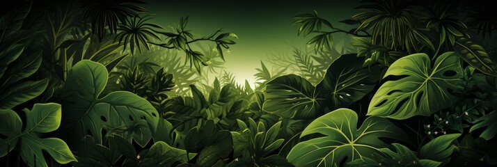This image features a lush green tropical jungle scene with an abundance of leafy plants and foliage. Perfect for nature-themed projects, travel, and tourism industry - obrazy, fototapety, plakaty